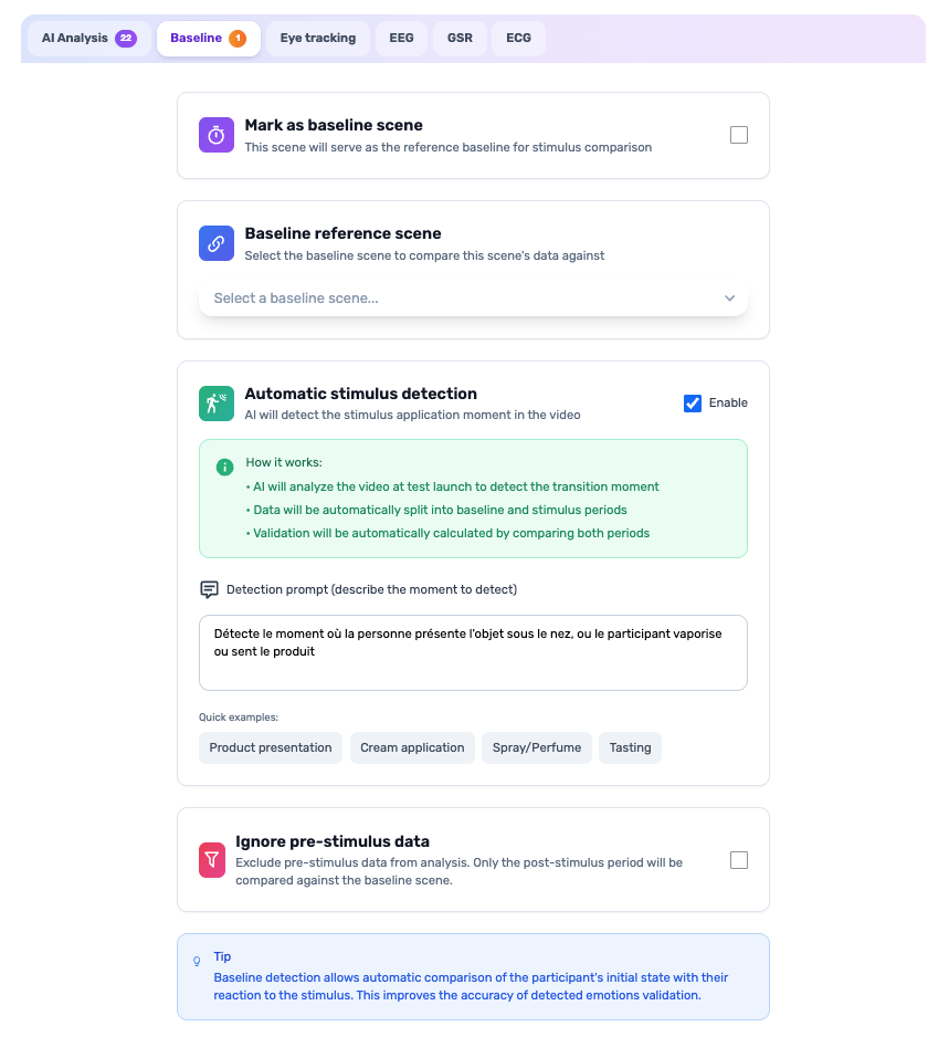 Plateforme de collecte - Baseline, Stimulus Detection, AI Analysis