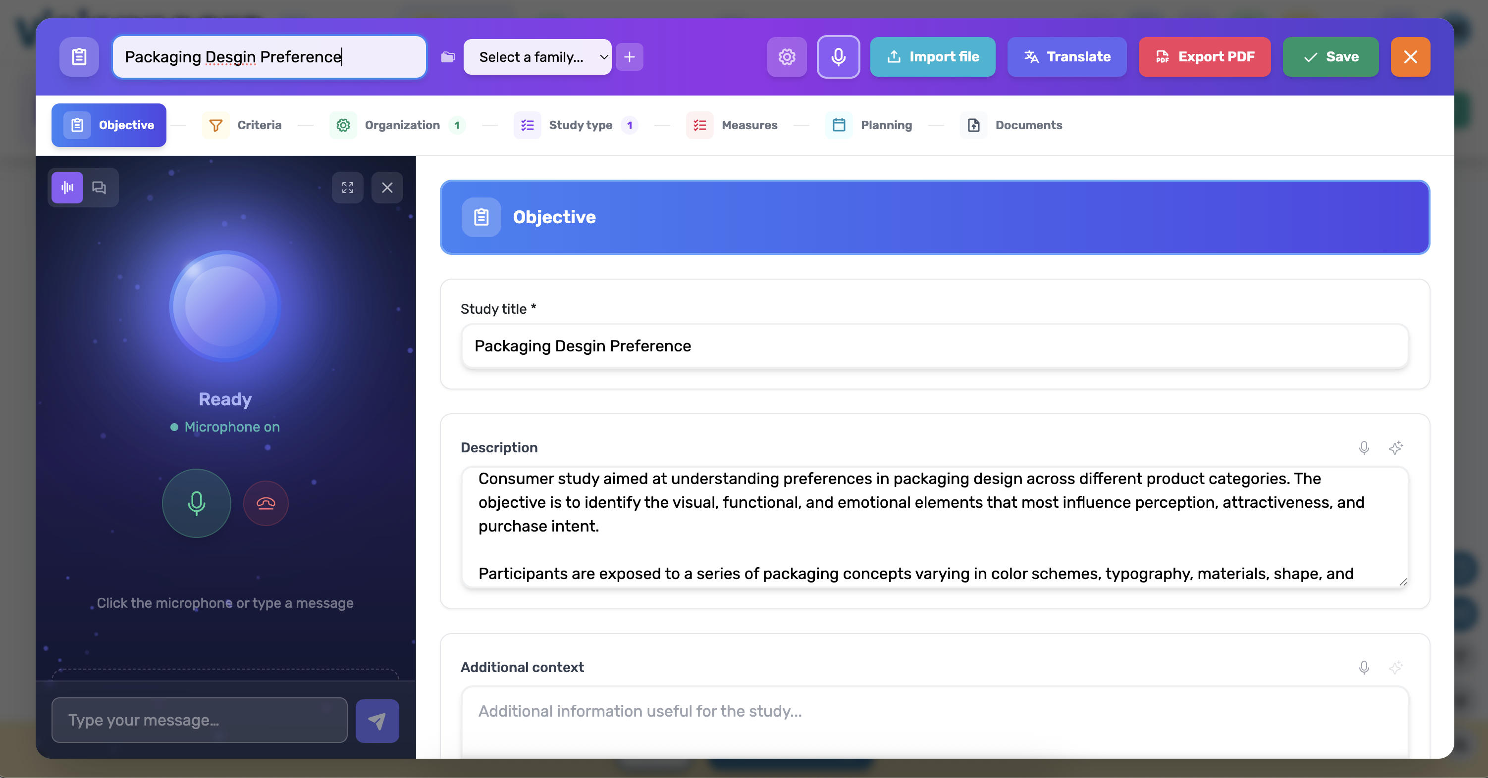 Interface de briefing Visionneers