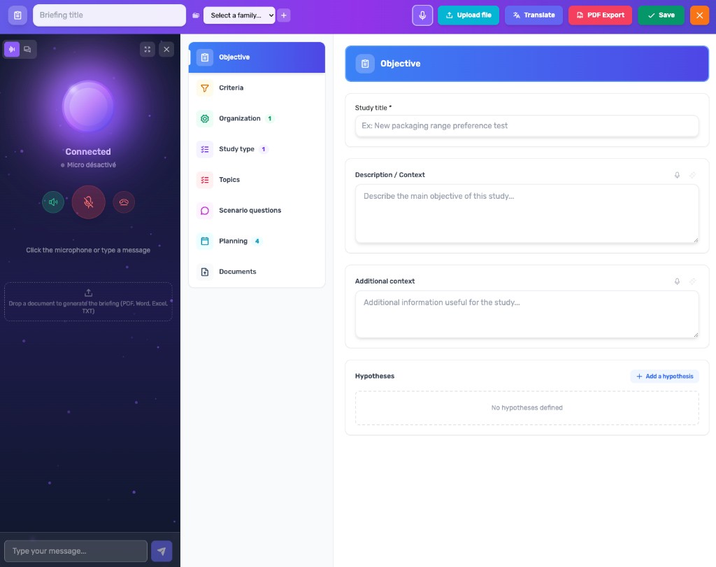 Interface de création du briefing par IA