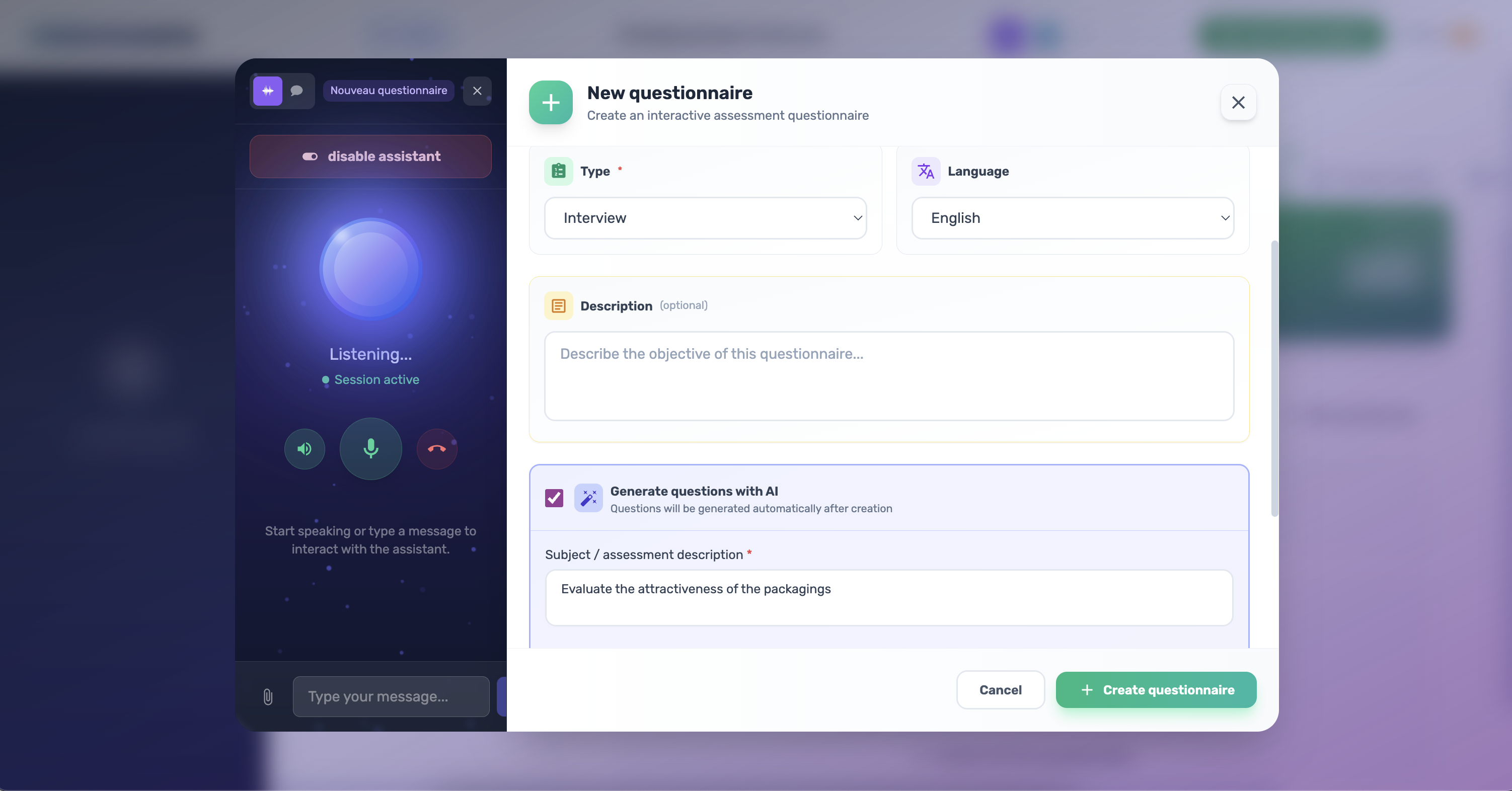 Interface de création de questions